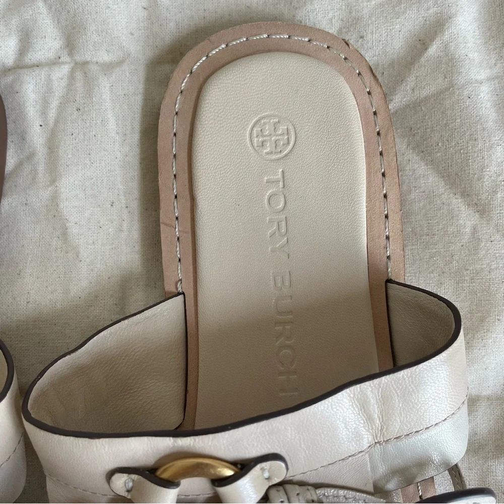Tory Burch Miller Tassel Slide New Cream Size 6 Leather Neutral Luxury Coastal